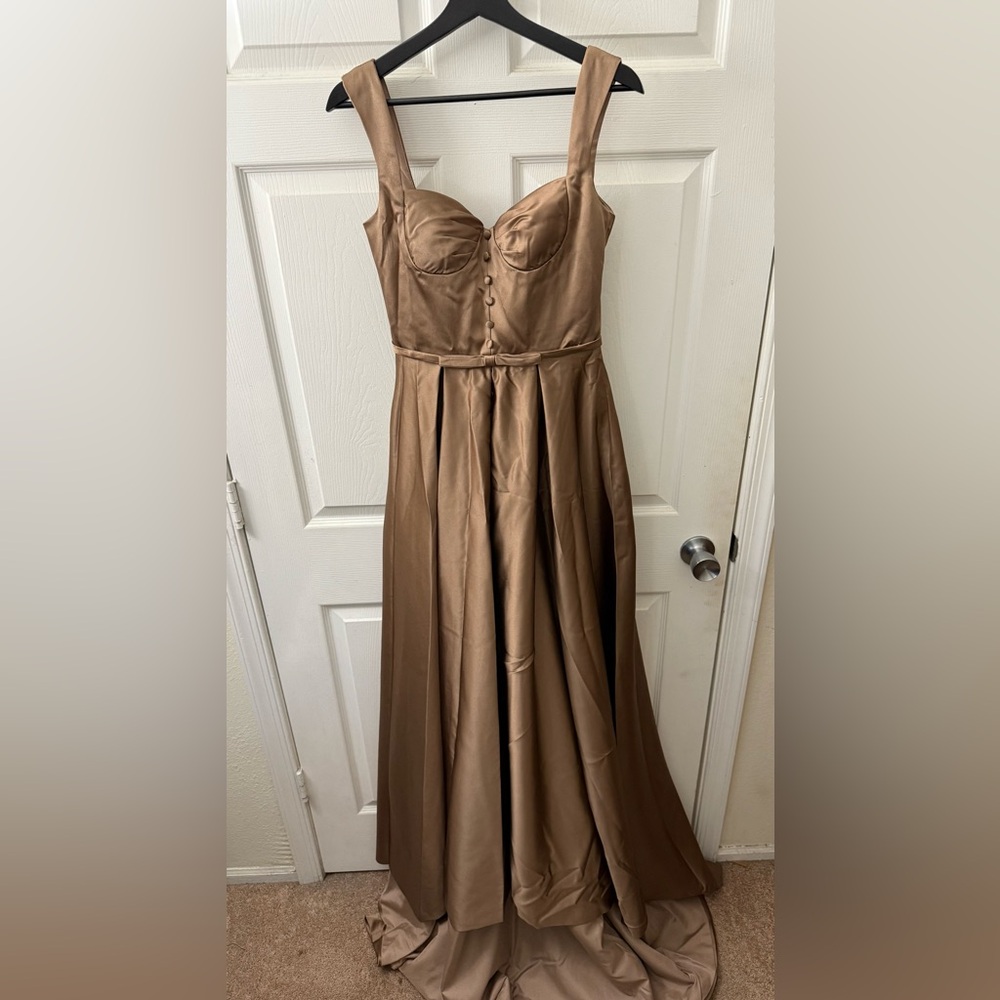 Custom Made A-Line Sleeveless Satin Dress with Brush Train